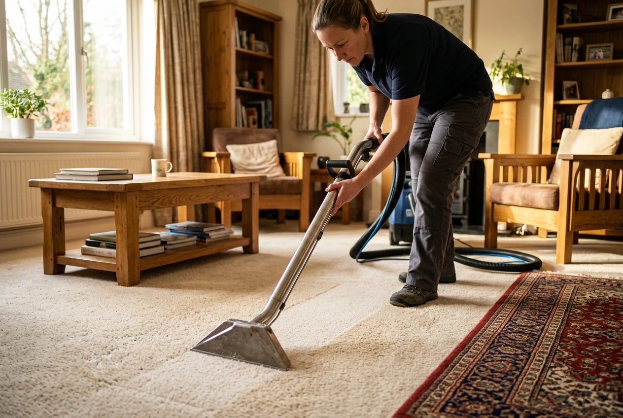 Technician using a hot water extraction machine on a large cream living room carpet