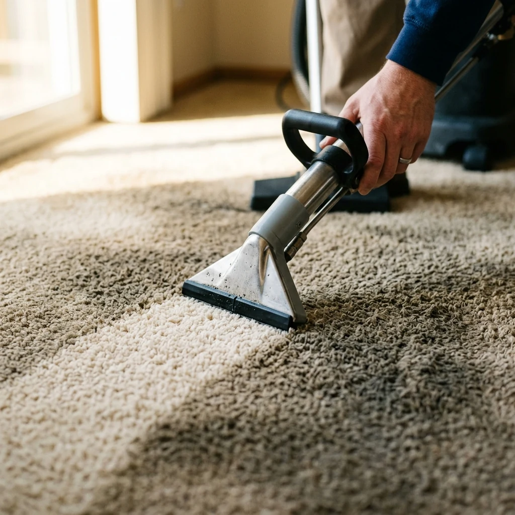 Carpet cleaning wand pulling a clean path through a beige carpet