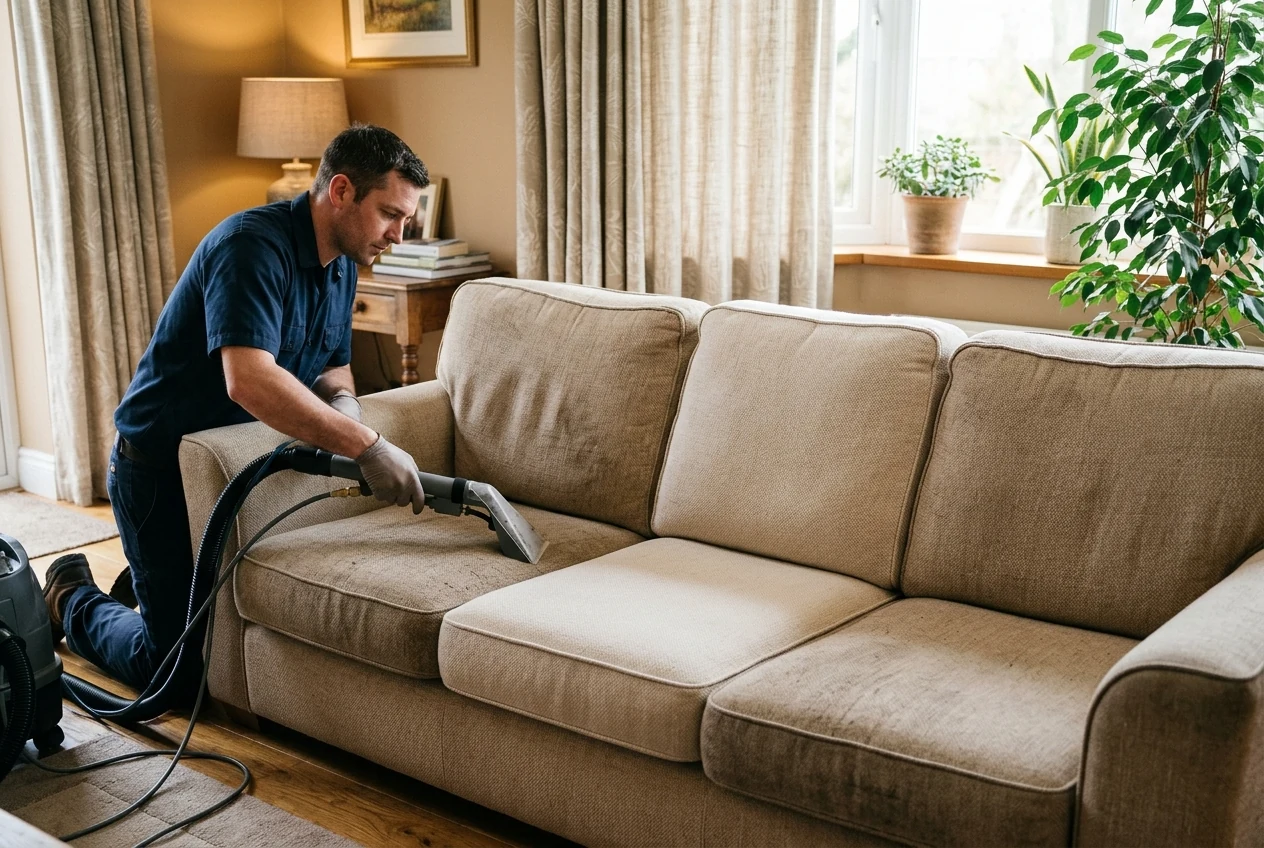 Technician steam cleaning a grey fabric sofa in a modern living room