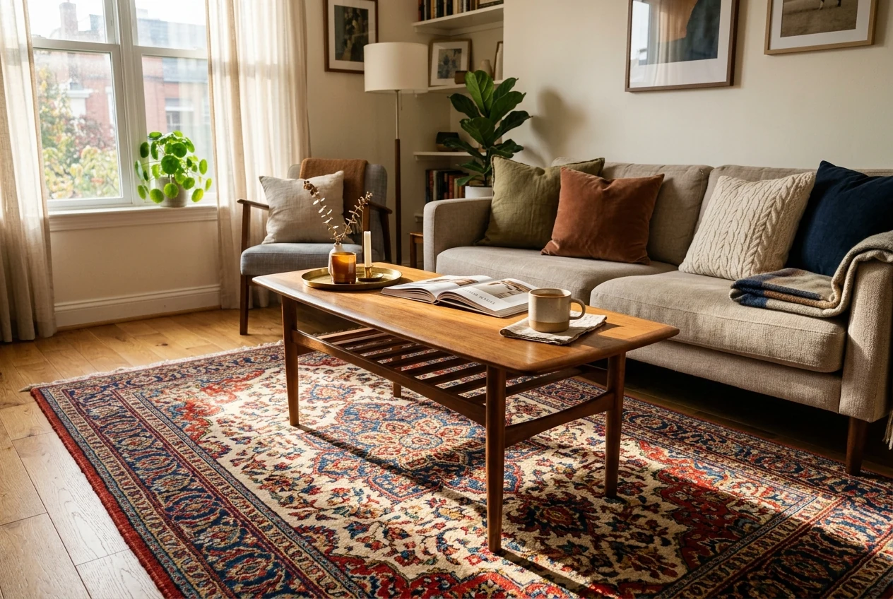 Freshly cleaned light carpet in a bright living room