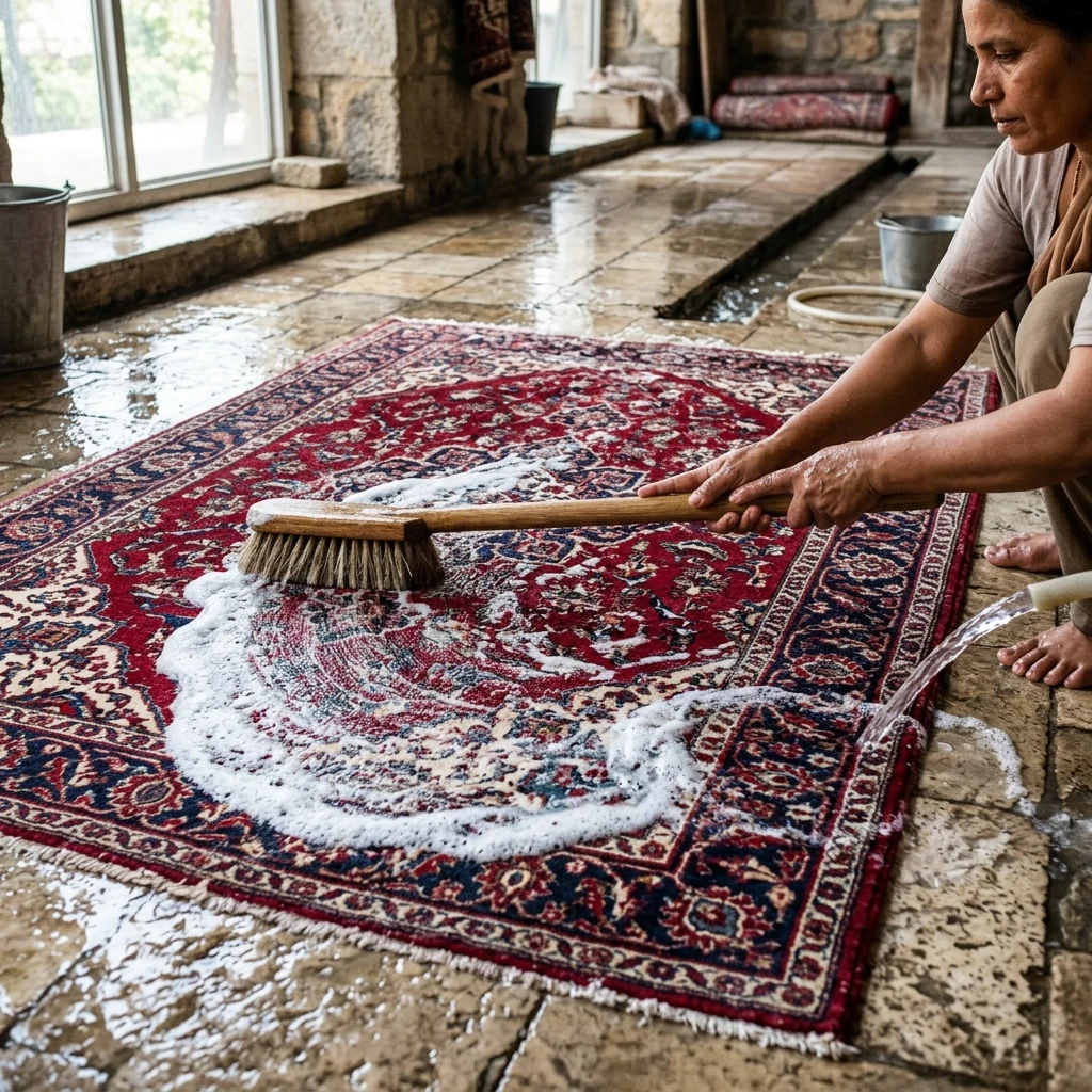 Patterned Persian rug being hand washed with a soft brush and foam