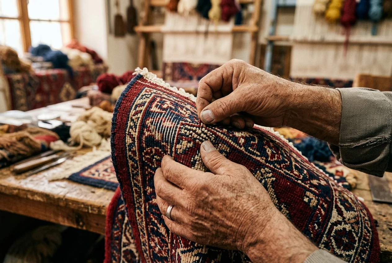 Craftsman inspecting the knot density on the back of a hand-knotted Persian rug