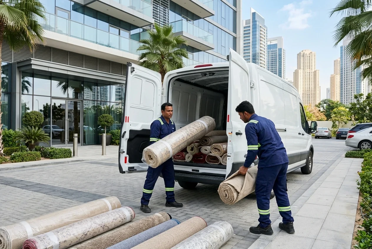 Workers loading rolled carpets into a delivery van outside a Dubai apartment building