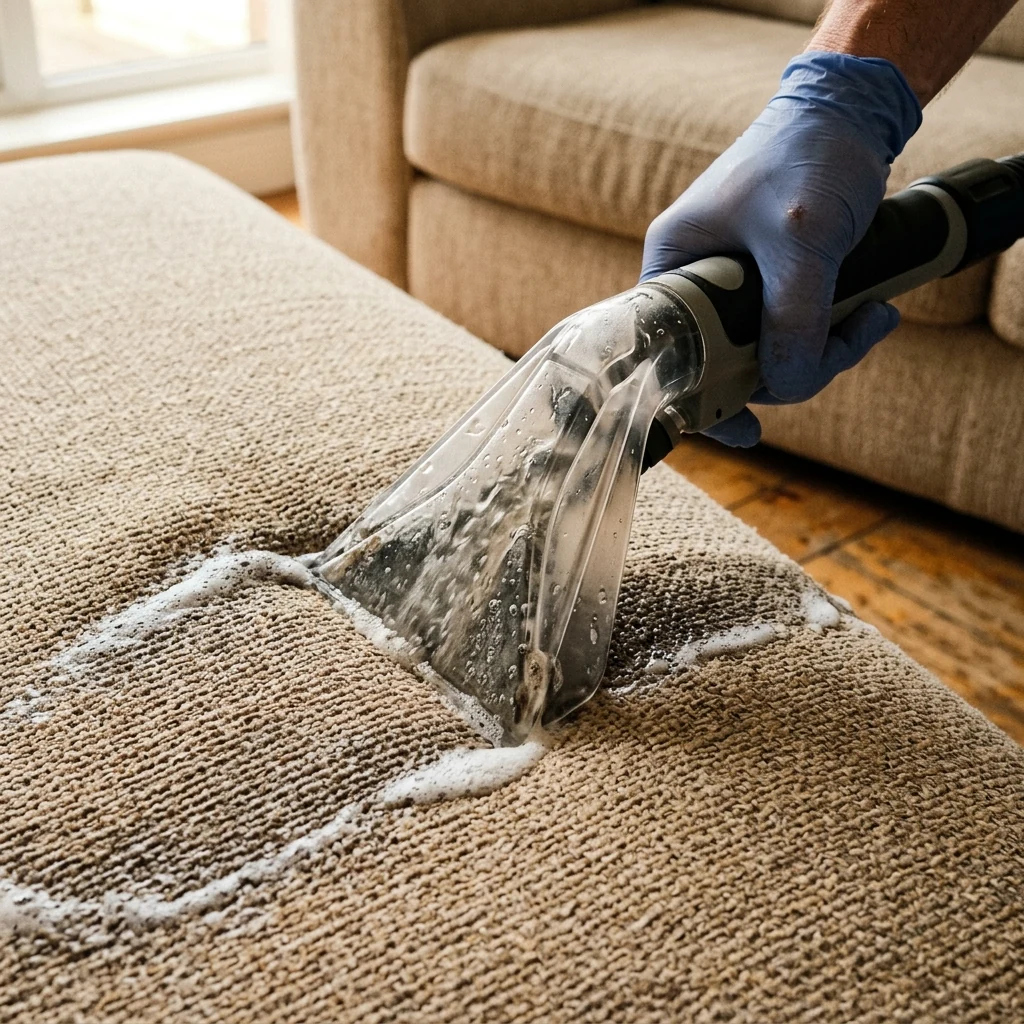 Upholstery cleaning tool working on a beige fabric sofa cushion